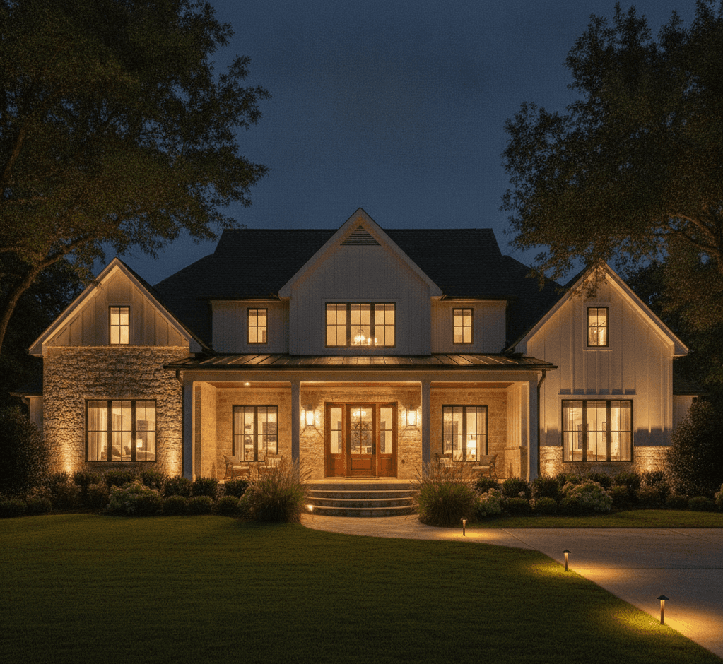 Home illuminated at dusk with landscape lighting